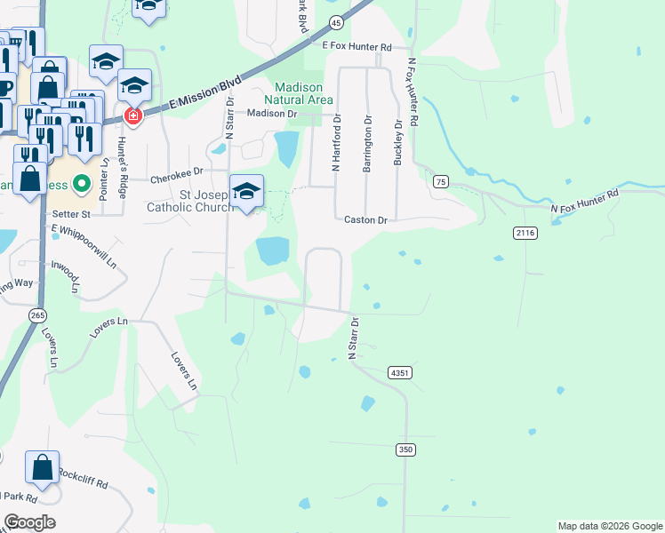 map of restaurants, bars, coffee shops, grocery stores, and more near 1116 Huntington Drive in Fayetteville
