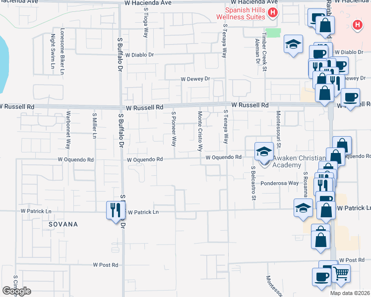map of restaurants, bars, coffee shops, grocery stores, and more near 7532 Frontier Ranch Lane in Las Vegas