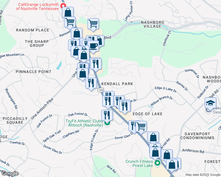 map of restaurants, bars, coffee shops, grocery stores, and more near 2320 Broadview Drive in Nashville