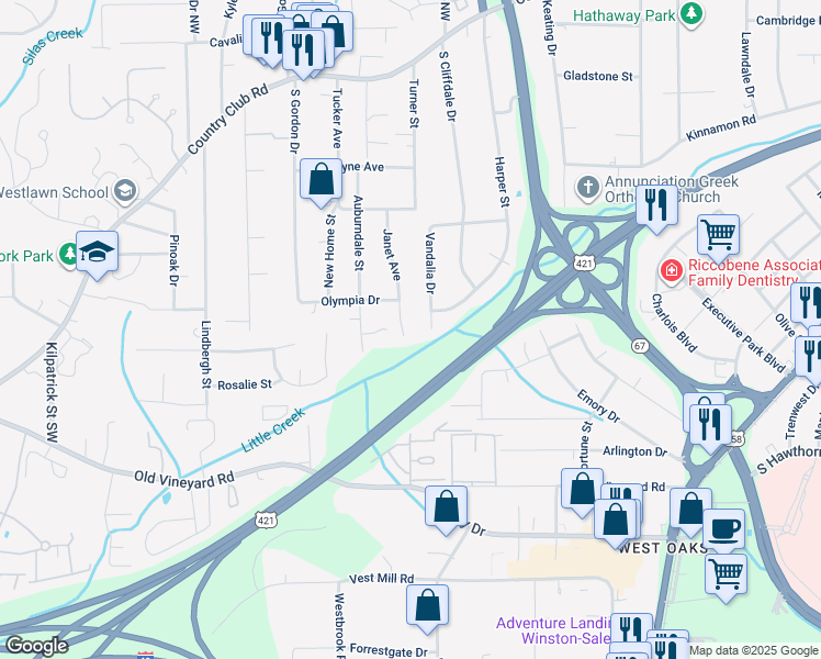 map of restaurants, bars, coffee shops, grocery stores, and more near 445 Janet Avenue in Winston-Salem