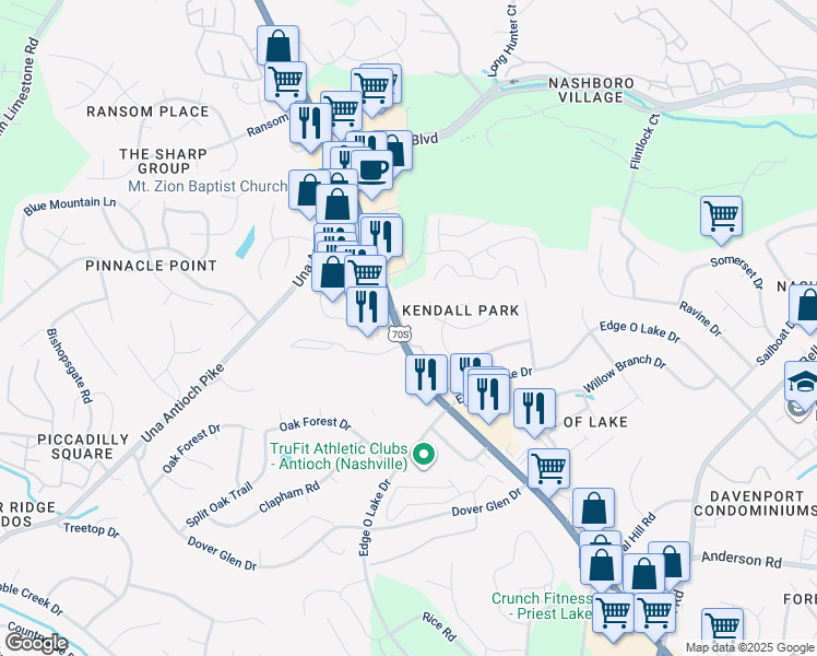 map of restaurants, bars, coffee shops, grocery stores, and more near 2416 Scott Valley Drive in Nashville