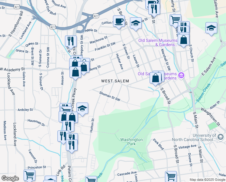 map of restaurants, bars, coffee shops, grocery stores, and more near 833 Holland Street Southwest in Winston-Salem