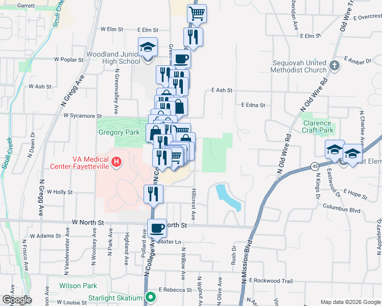 map of restaurants, bars, coffee shops, grocery stores, and more near 1582 Hillcrest Avenue in Fayetteville