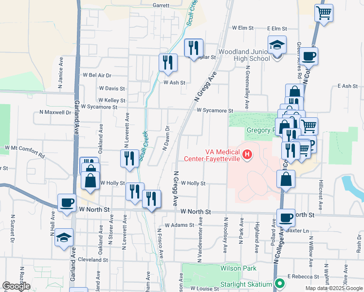 map of restaurants, bars, coffee shops, grocery stores, and more near 501 West Spruce Street in Fayetteville