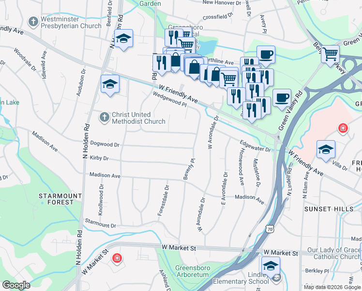 map of restaurants, bars, coffee shops, grocery stores, and more near 3410 Dogwood Drive in Greensboro