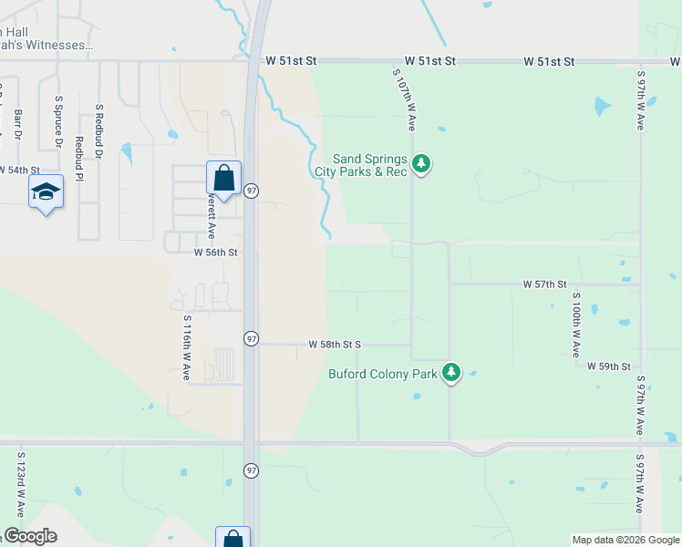 map of restaurants, bars, coffee shops, grocery stores, and more near 10917 West 57th Street in Sand Springs