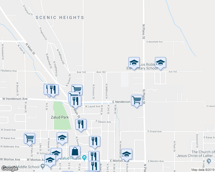 map of restaurants, bars, coffee shops, grocery stores, and more near 910 North Williford Drive in Porterville