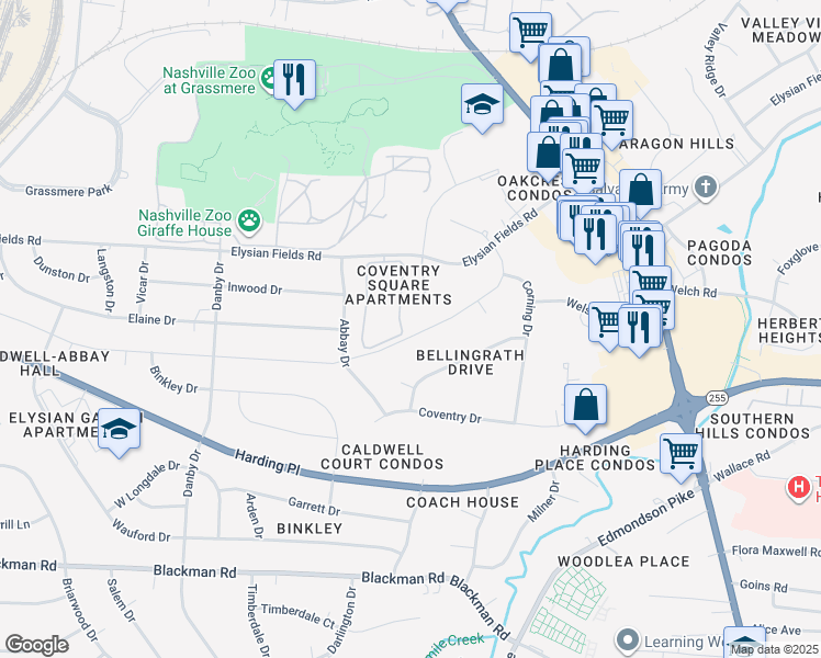map of restaurants, bars, coffee shops, grocery stores, and more near 4857 Lynn Drive in Nashville