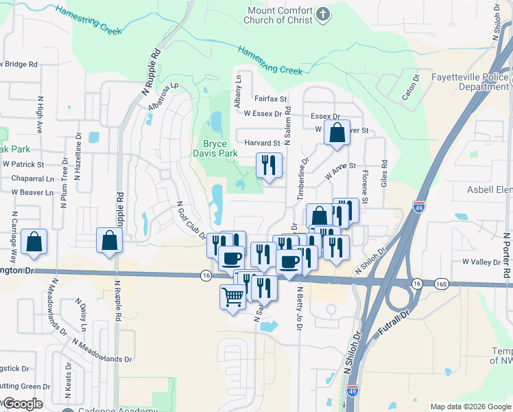 map of restaurants, bars, coffee shops, grocery stores, and more near 3456 Vassar Street in Fayetteville