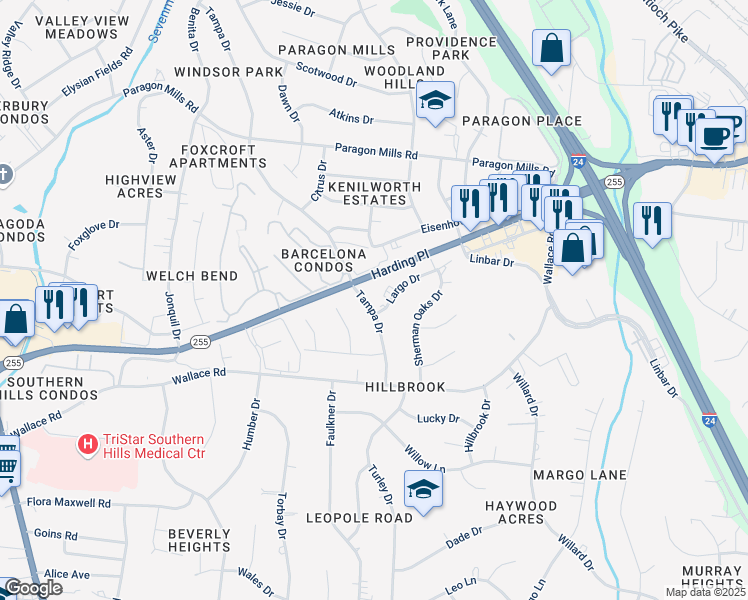 map of restaurants, bars, coffee shops, grocery stores, and more near 286 Largo Drive in Nashville