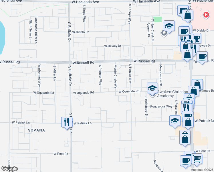 map of restaurants, bars, coffee shops, grocery stores, and more near 7521 War Admiral Court in Las Vegas