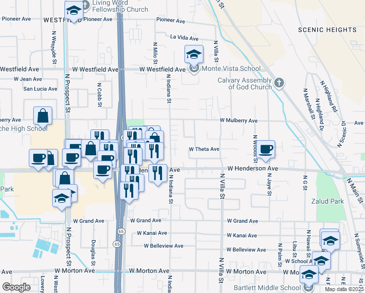 map of restaurants, bars, coffee shops, grocery stores, and more near 749 Bel Aire Avenue in Porterville