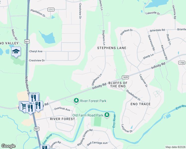 map of restaurants, bars, coffee shops, grocery stores, and more near 1 Glossy Leaf Place in Durham
