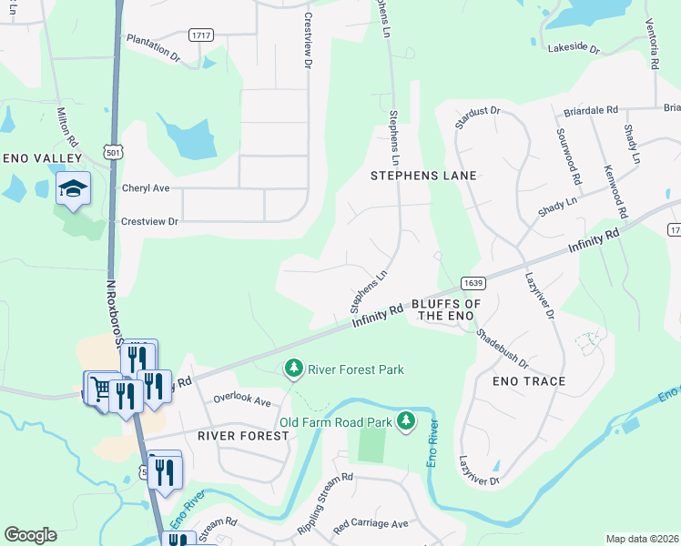map of restaurants, bars, coffee shops, grocery stores, and more near 1 Glossy Leaf Place in Durham
