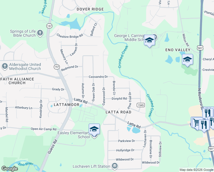 map of restaurants, bars, coffee shops, grocery stores, and more near 5033 Gatewood Drive in Durham