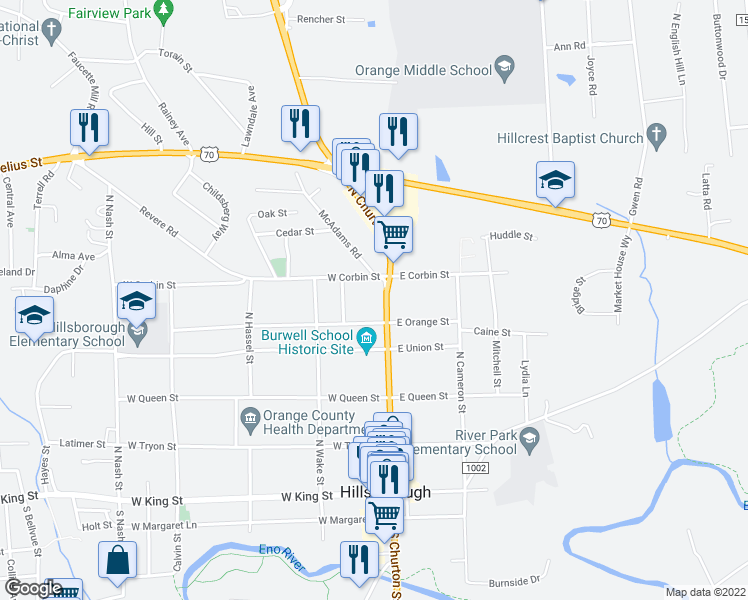 map of restaurants, bars, coffee shops, grocery stores, and more near 515 North Churton Street in Hillsborough