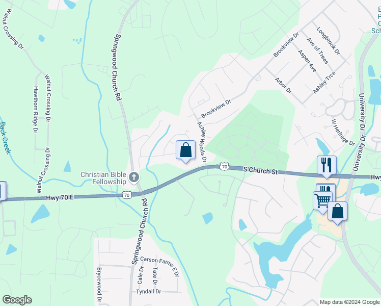 map of restaurants, bars, coffee shops, grocery stores, and more near 340 Faith Drive in Gibsonville