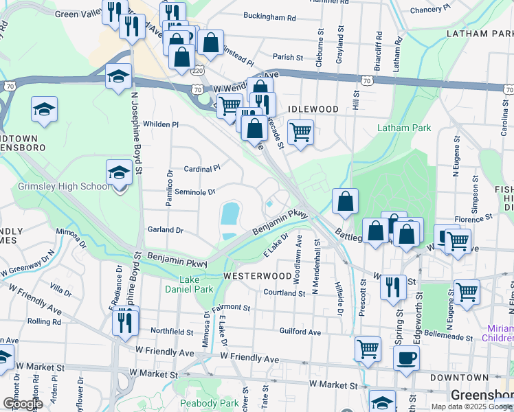 map of restaurants, bars, coffee shops, grocery stores, and more near 1319 Seminole Drive in Greensboro