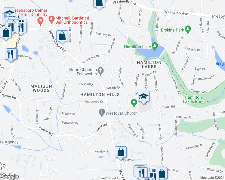 map of restaurants, bars, coffee shops, grocery stores, and more near 903 Meade Drive in Greensboro