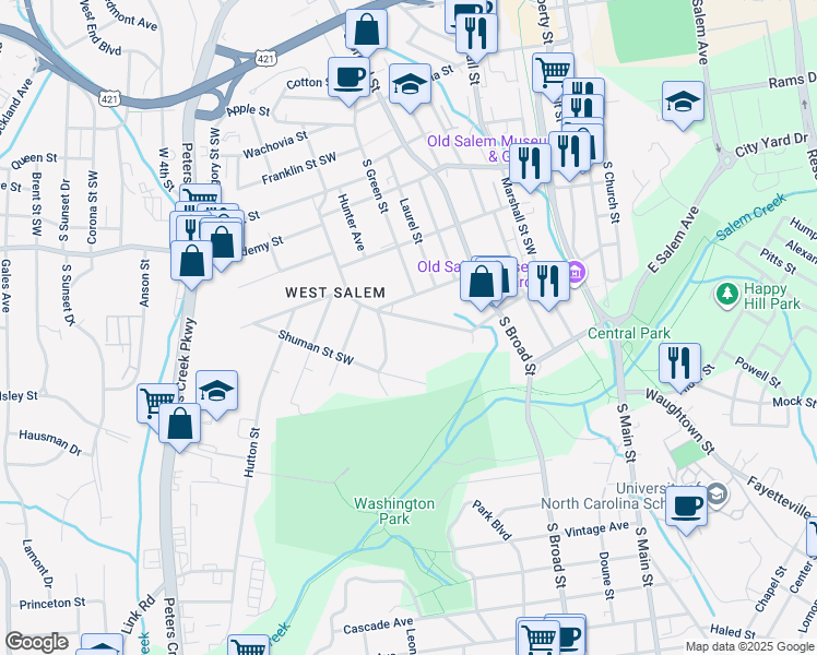 map of restaurants, bars, coffee shops, grocery stores, and more near 924 Walnut Street Southwest in Winston-Salem