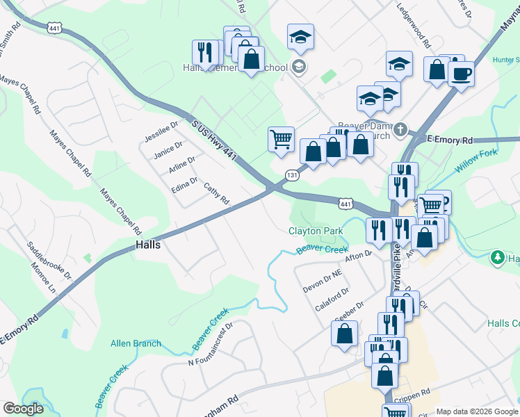 map of restaurants, bars, coffee shops, grocery stores, and more near 7362 Shalimar Point Way in Knoxville