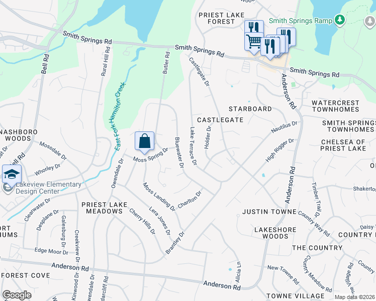 map of restaurants, bars, coffee shops, grocery stores, and more near 556 Bluewater Drive in Nashville
