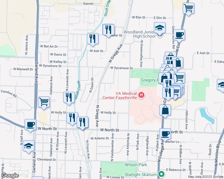 map of restaurants, bars, coffee shops, grocery stores, and more near 470 West Spruce Street in Fayetteville
