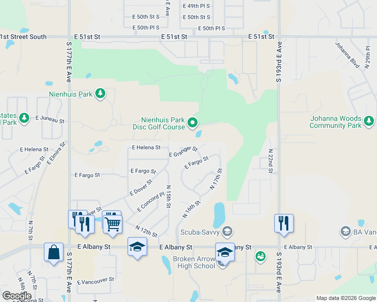 map of restaurants, bars, coffee shops, grocery stores, and more near 1632 East Granger Street in Broken Arrow
