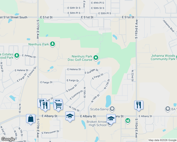 map of restaurants, bars, coffee shops, grocery stores, and more near 1612 East Granger Street in Broken Arrow