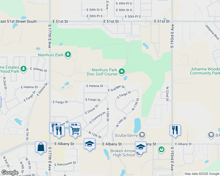 map of restaurants, bars, coffee shops, grocery stores, and more near 1612 East Granger Street in Broken Arrow