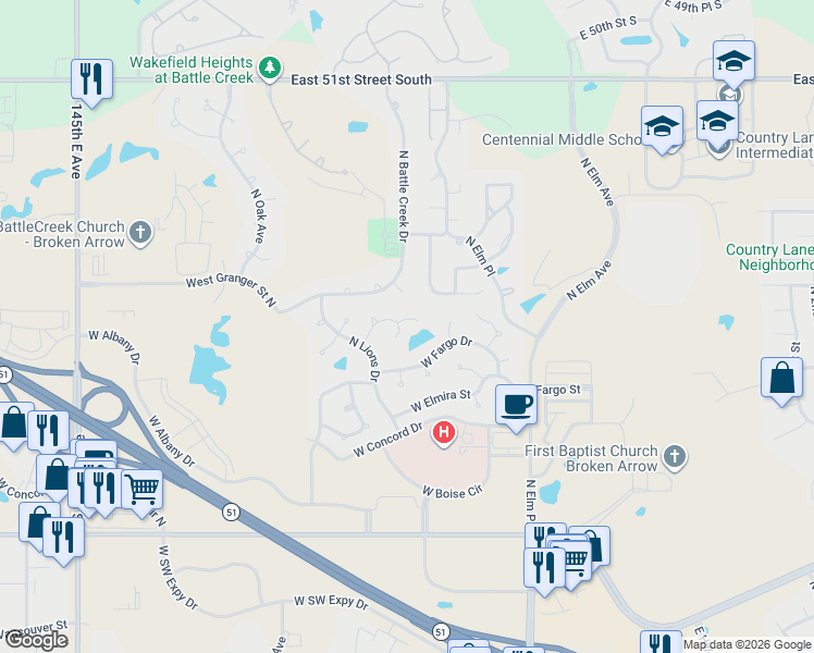 map of restaurants, bars, coffee shops, grocery stores, and more near 1012 West Fargo Lane in Broken Arrow