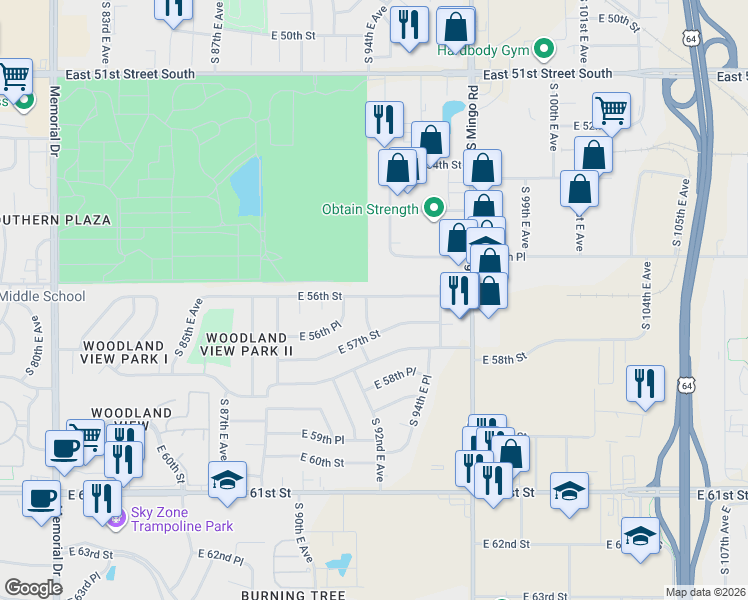 map of restaurants, bars, coffee shops, grocery stores, and more near 9313 East 56th Street in Tulsa
