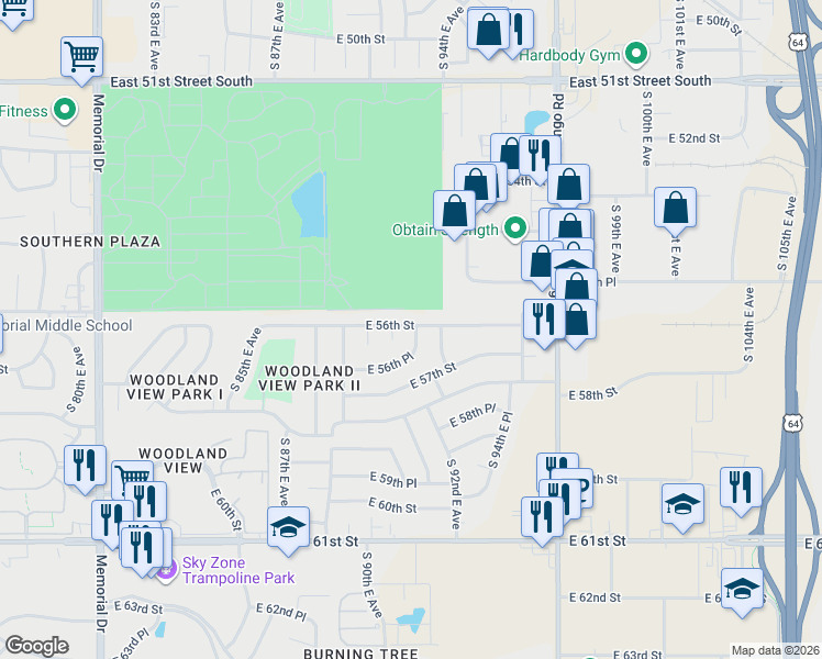 map of restaurants, bars, coffee shops, grocery stores, and more near 9207 East 56th Street in Tulsa