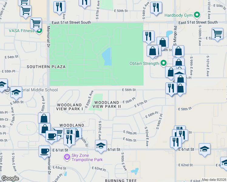 map of restaurants, bars, coffee shops, grocery stores, and more near 8903 East 56th Street in Tulsa