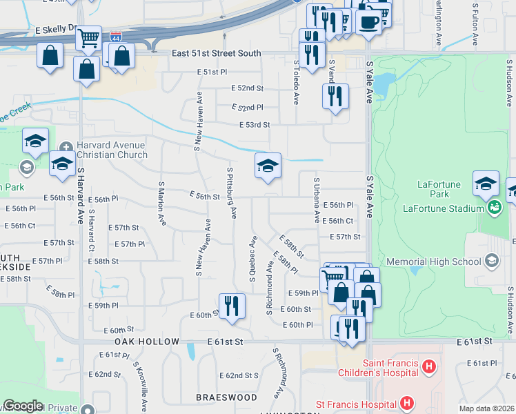 map of restaurants, bars, coffee shops, grocery stores, and more near 4126 East 56th Street in Tulsa
