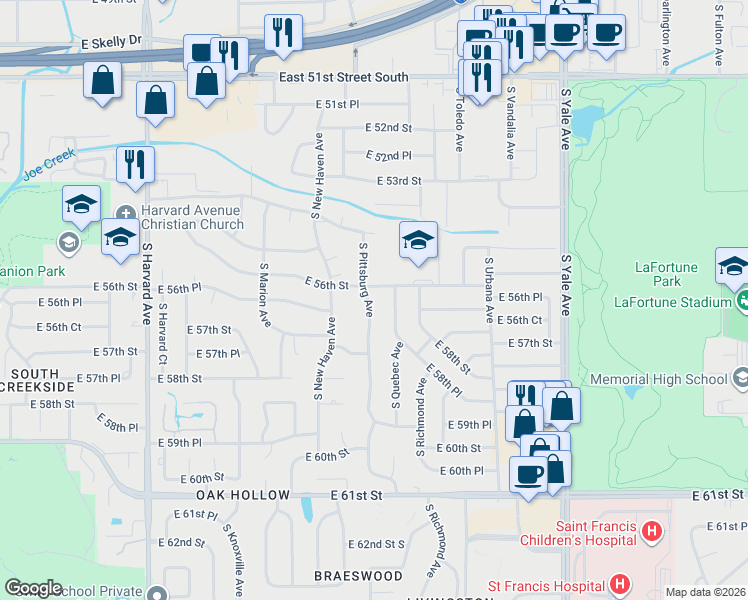 map of restaurants, bars, coffee shops, grocery stores, and more near 5608 South Pittsburg Avenue in Tulsa