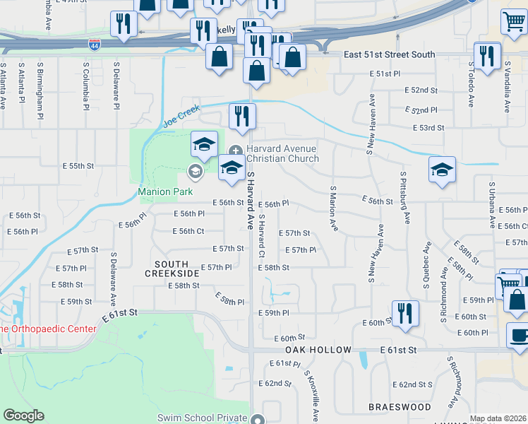 map of restaurants, bars, coffee shops, grocery stores, and more near 3305 East 56th Place in Tulsa