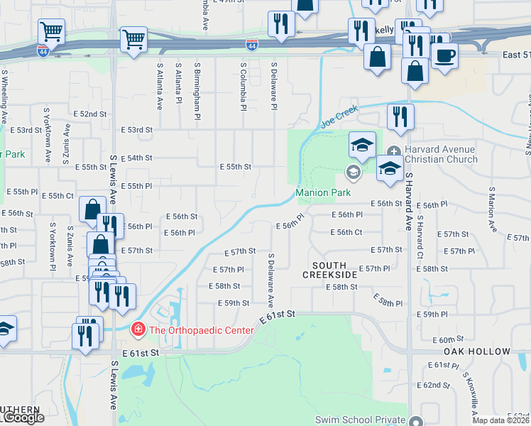 map of restaurants, bars, coffee shops, grocery stores, and more near 5553 Delaware Court in Tulsa