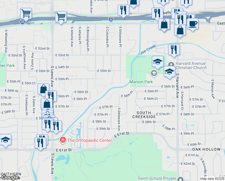 map of restaurants, bars, coffee shops, grocery stores, and more near 5553 Delaware Court in Tulsa