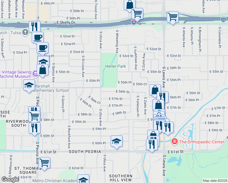 map of restaurants, bars, coffee shops, grocery stores, and more near 1731 East 56th Street in Tulsa