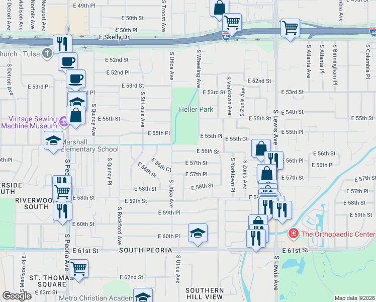 map of restaurants, bars, coffee shops, grocery stores, and more near 1731 East 56th Street in Tulsa