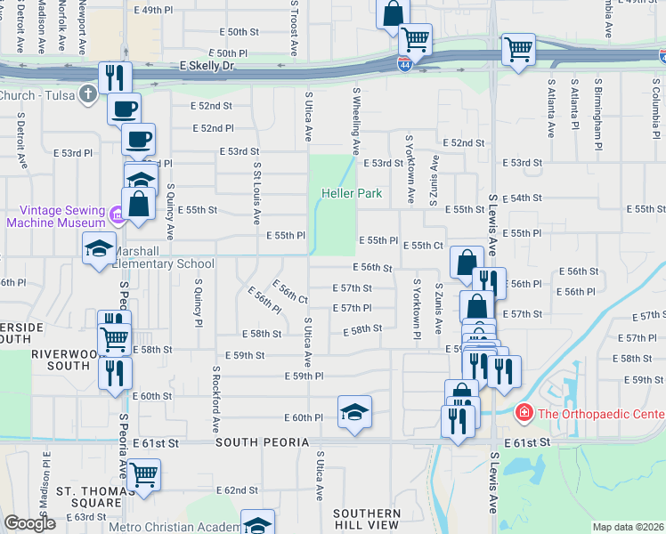 map of restaurants, bars, coffee shops, grocery stores, and more near 1731 East 56th Street in Tulsa