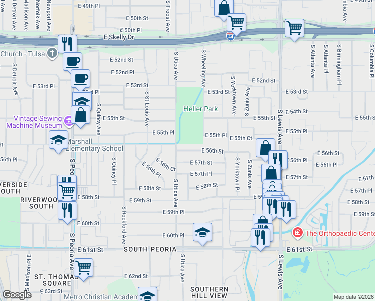 map of restaurants, bars, coffee shops, grocery stores, and more near 1731 East 56th Street in Tulsa