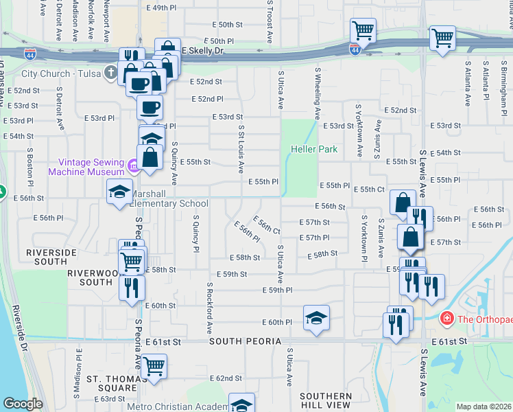 map of restaurants, bars, coffee shops, grocery stores, and more near 5606 South Trenton Avenue in Tulsa