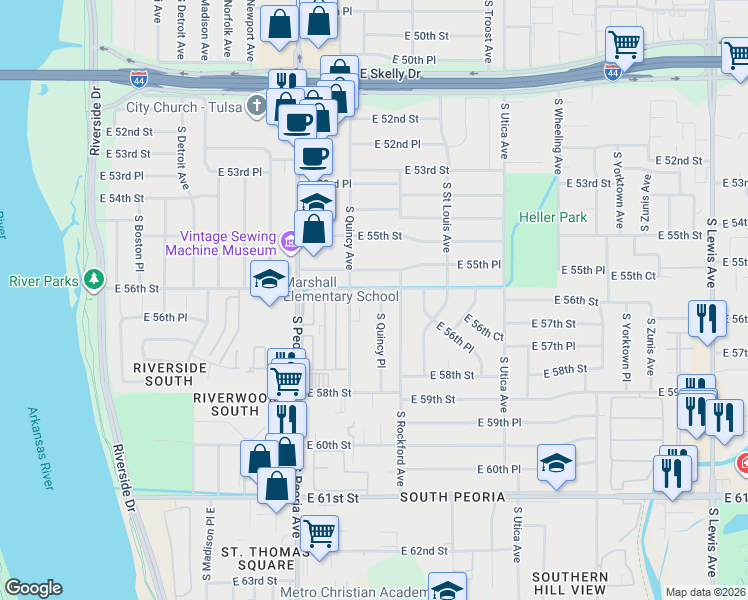 map of restaurants, bars, coffee shops, grocery stores, and more near 1402 East 56th Street in Tulsa