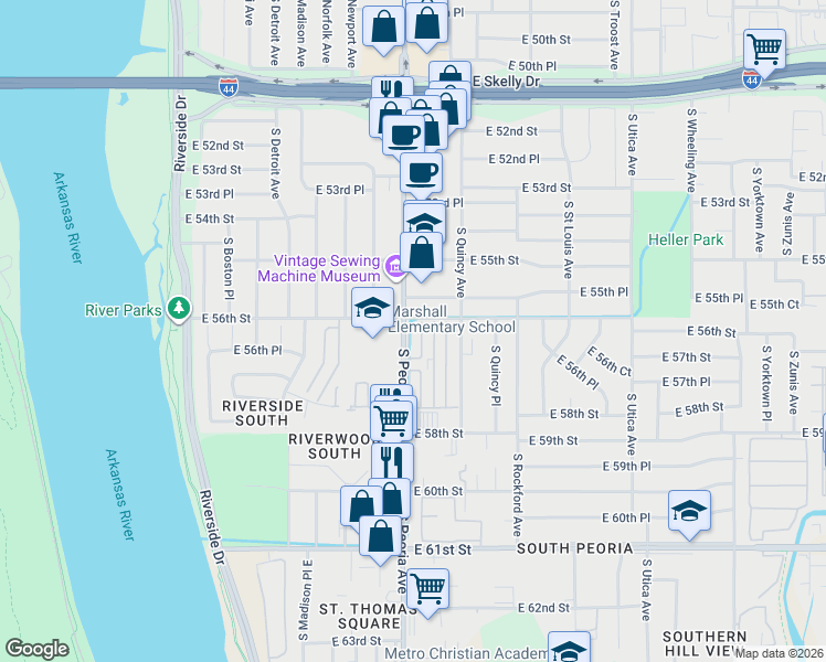 map of restaurants, bars, coffee shops, grocery stores, and more near 5544 South Peoria Avenue in Tulsa