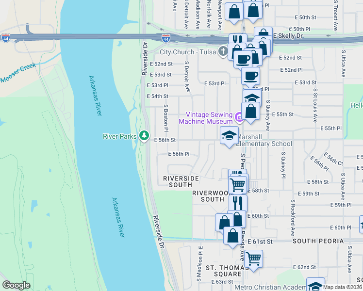 map of restaurants, bars, coffee shops, grocery stores, and more near 5607 South Detroit Place in Tulsa