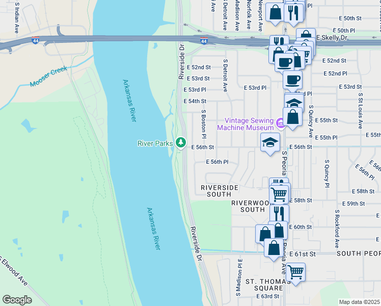 map of restaurants, bars, coffee shops, grocery stores, and more near 5485 South Boston Avenue in Tulsa