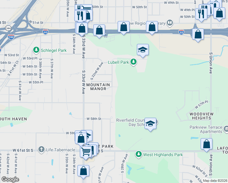 map of restaurants, bars, coffee shops, grocery stores, and more near 5605 South 30th West Avenue in Tulsa