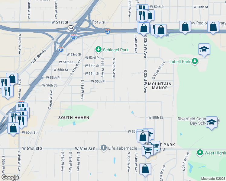 map of restaurants, bars, coffee shops, grocery stores, and more near 3707 West 56th Street in Tulsa